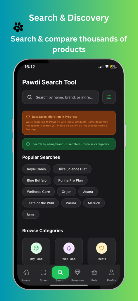 Pawdi - Pet Food Scanner - Interface de pesquisa do aplicativo Pawdi mostrando marcas populares de ração para animais de estimação e categorias.