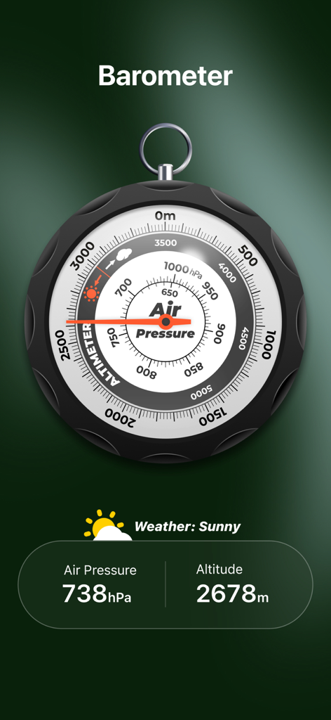 Digital barometer display showing air pressure and altitude for hiking and outdoor use.