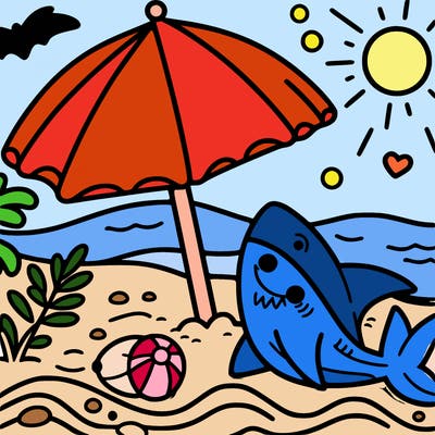 beach, umbrella, shark