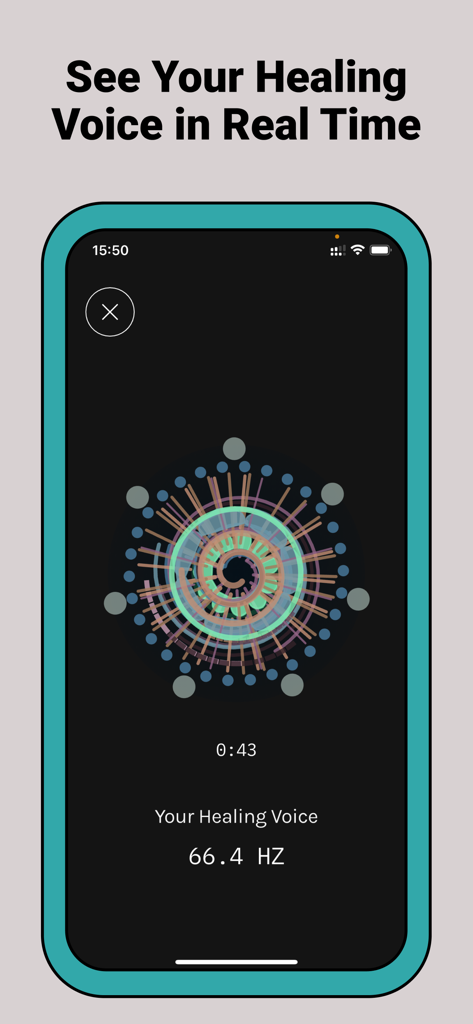 Smartphone screen displaying a vibrant circular geometric pattern generated by a user's humming in the Harmonic Echo app.