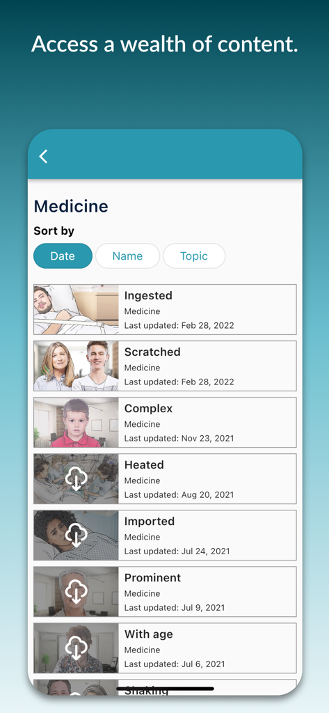 Interface do aplicativo Clinical Sense mostrando uma lista de cenários de aprendizado médico categorizados por nome de data e tópico