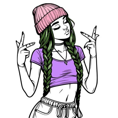 realistic teenage girl with braids and a beanie and crop top doing 🫶🏼