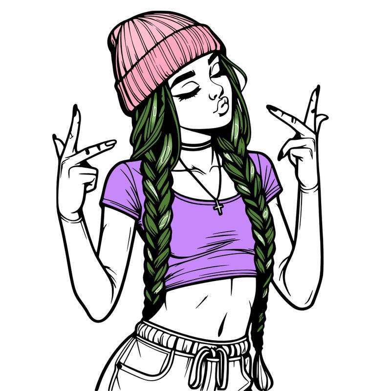 realistic teenage girl with braids and a beanie and crop top doing 🫶🏼