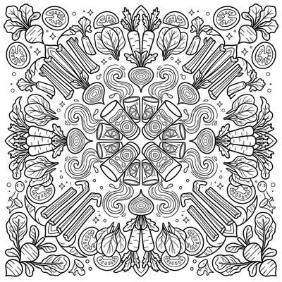 Explore a unique blend of wellness and artistry with this intricate Vegetable Juice Mandala coloring page. Its symmetrical design, filled with various fresh vegetables and invigorating juice glasses, offers a refreshing and relaxing coloring experience for all ages.