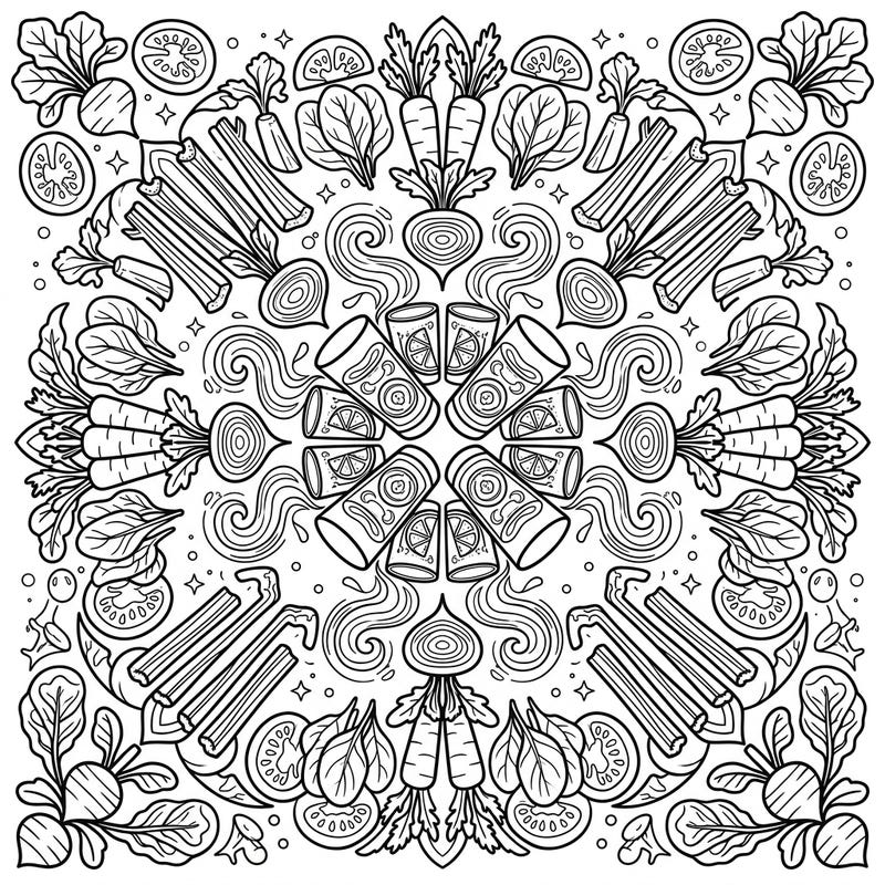 Explore a unique blend of wellness and artistry with this intricate Vegetable Juice Mandala coloring page. Its symmetrical design, filled with various fresh vegetables and invigorating juice glasses, offers a refreshing and relaxing coloring experience for all ages.