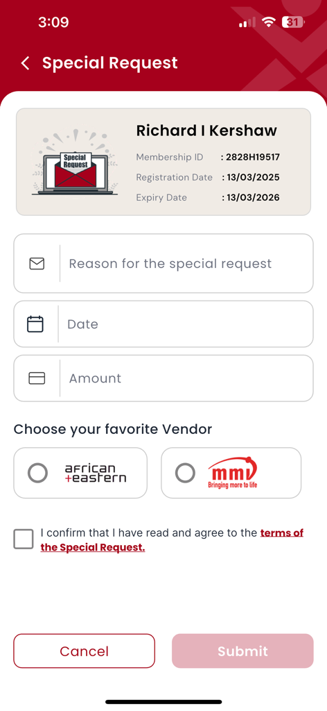 LICENSE DXB APP - Special Request screen in the License DXB app showing user membership details and vendor selection options for MMI and African and Eastern.
