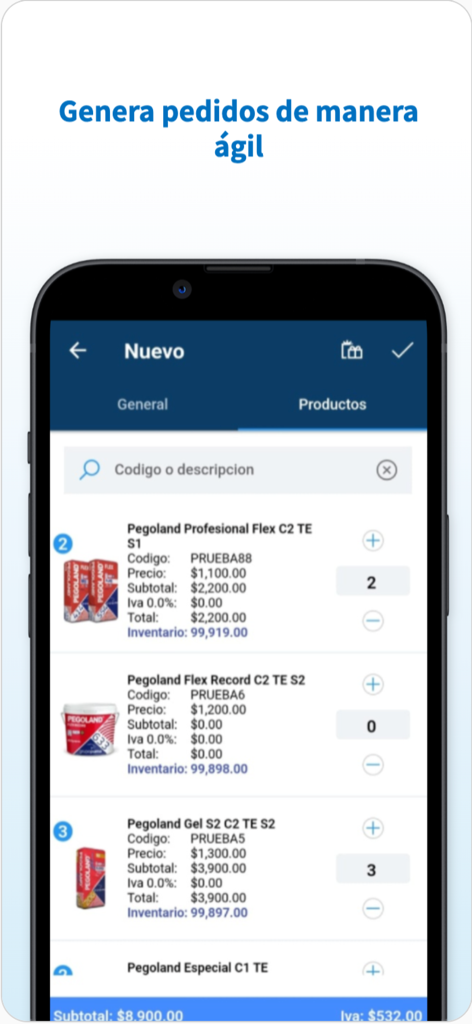 Terus - Terus mobile app interface showing a digital product catalog for creating field sales orders with real-time inventory and pricing