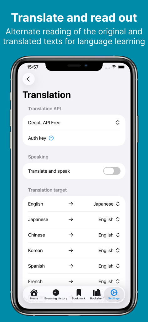 NovelVoice - Novels read aloud - Tela de configurações de tradução do app NovelVoice mostrando opções de aprendizado de idiomas e integração com DeepL