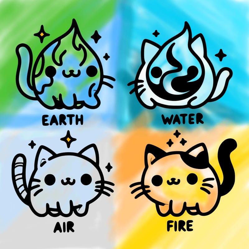 4 cats that represent the different elements, earth, water, air, and fire