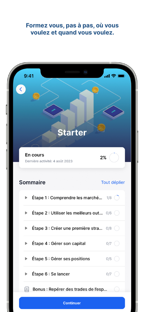 ALTI TRADING - Mobile screen of the ALTI TRADING app showing a step by step trading course curriculum in French