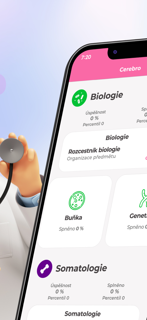 Cerebro: Přírodní vědy - Smartphone screen showing biology and somatology study modules in the Cerebro app for medical science students.