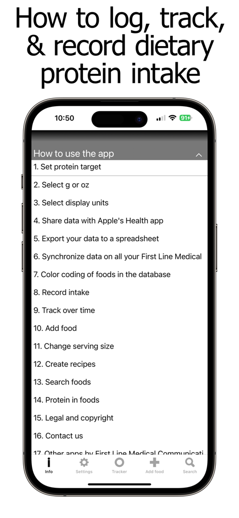 Protein Counter and Tracker - Eine Liste von Anleitungen zur Protokollierung, Verfolgung und Aufzeichnung der Aufnahme von diätetischem Protein in der App