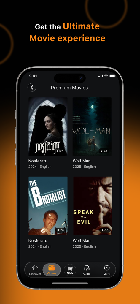 Hungama OTT: Shows & Movies - Hungama OTT app interface displaying a collection of premium movies including Nosferatu and Wolf Man
