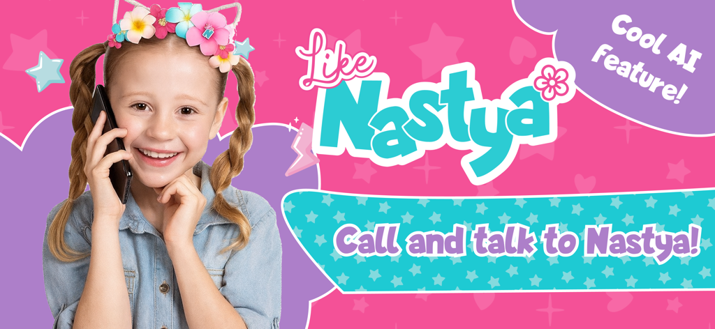 Like Nastya World - let's play - Nastya holding a phone promoting the Call and Talk to Nastya AI feature