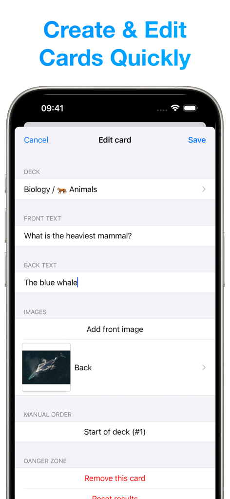Amazing Flash Cards - Amazing Flash Cardsアプリのインターフェース。テキストとクジラの画像を含む生物学カードの作成が表示されています。