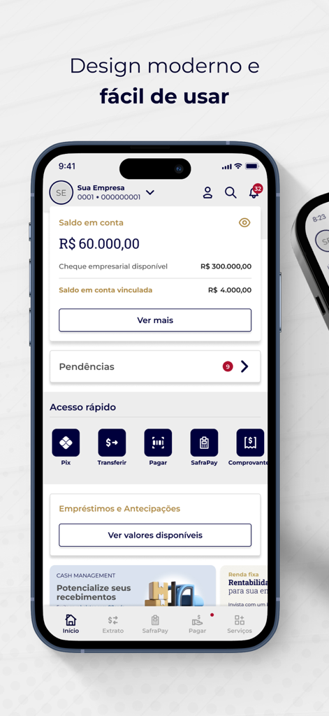 Safra Empresas: A sua conta PJ - Dashboard do aplicativo móvel Safra Empresas em um iPhone exibindo saldo da conta PJ e acesso rápido a serviços financeiros