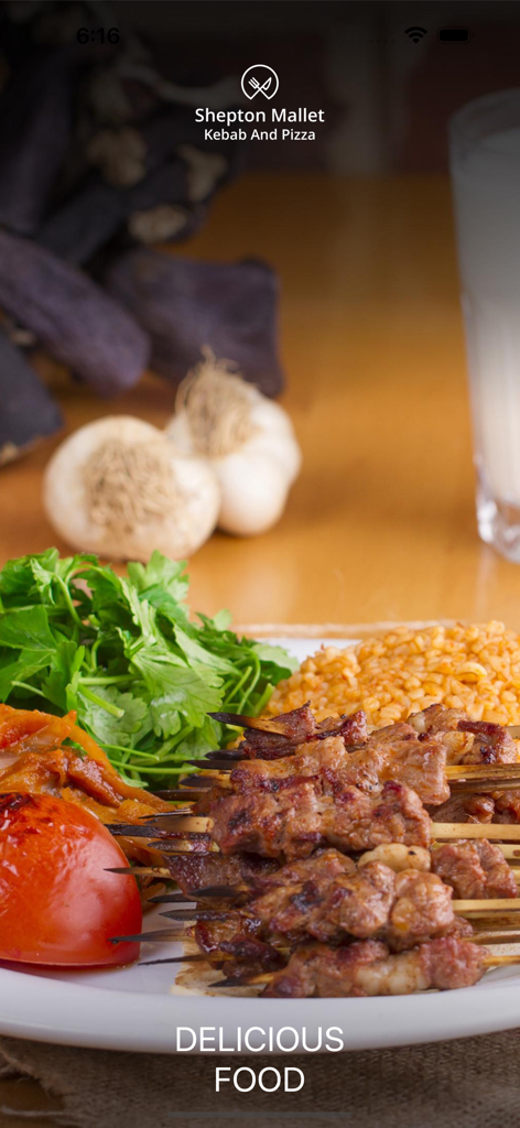 Shepton Mallet Kebab And Pizza - Shepton Mallet Kebab and Pizza app welcome screen showing a platter of grilled kebabs and rice