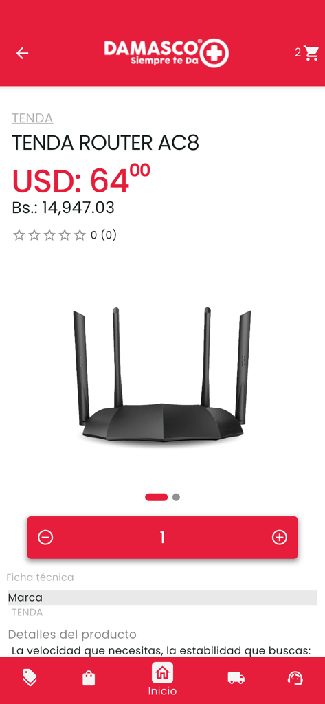 Damasco Ecommerce - Screenshot of the Damasco Ecommerce app showing a product detail page for a Tenda Router AC8 with prices in USD and Venezuelan Bolivares.