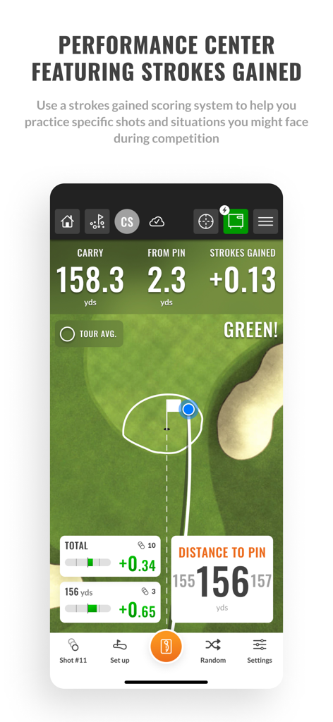 TrackMan Golf Pro - Écran du Centre de Performance de l'application TrackMan Golf Pro affichant les métriques de coups gagnés et les données de suivi des coups sur un green