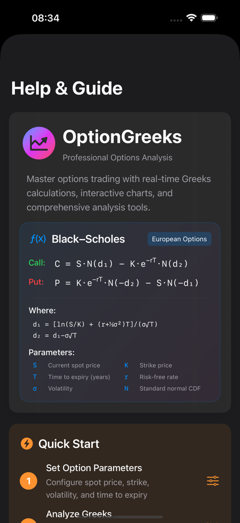 OptionGreeks app help and guide screen showing Black-Scholes option pricing formulas and parameters.