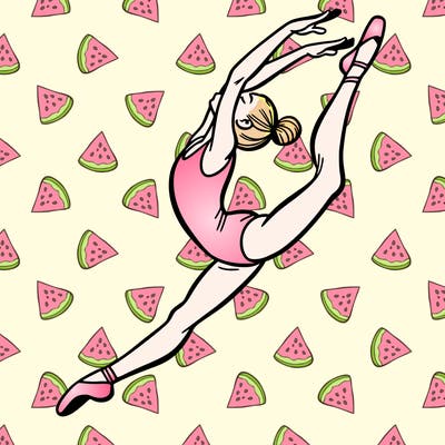 gymnast doing a leap in a leotard with a bent back leg