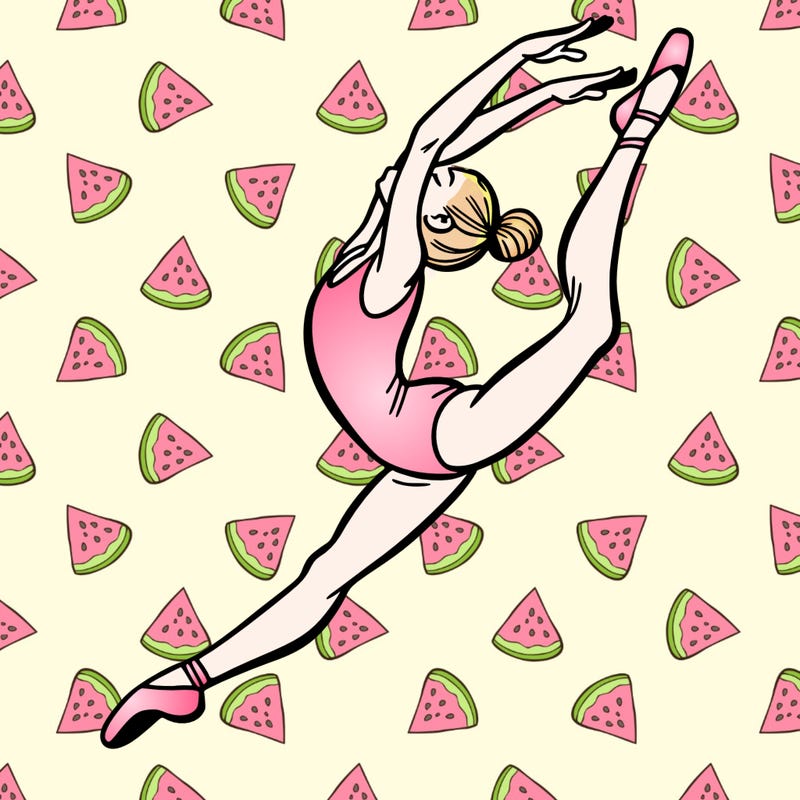 gymnast doing a leap in a leotard with a bent back leg