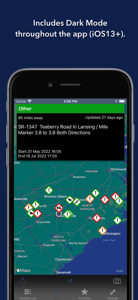 North Carolina traffic app interface in dark mode showing a map with incident markers and road alerts