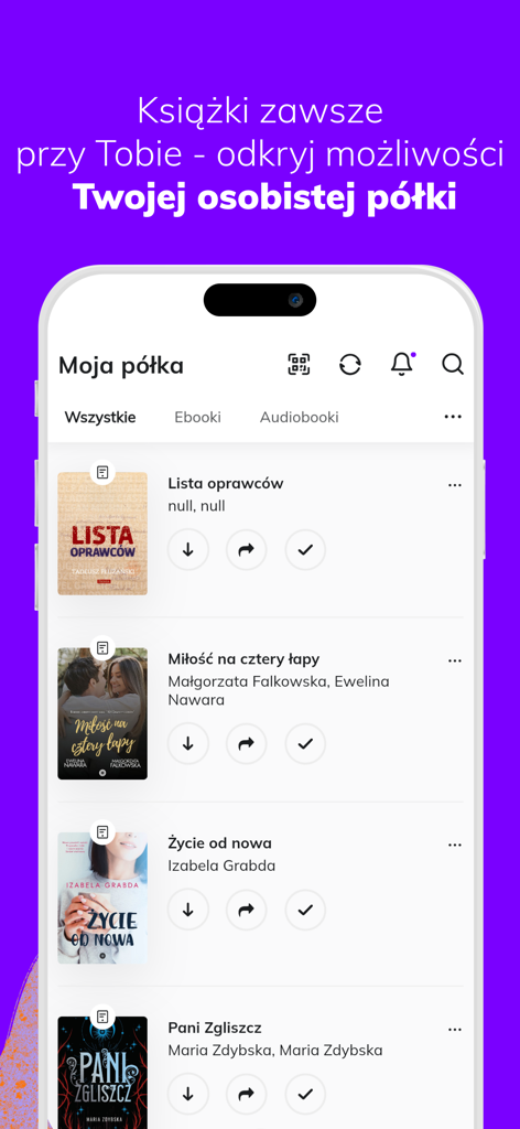 Woblink - Woblink mobile app showing the personal shelf screen with a list of books and audiobooks.