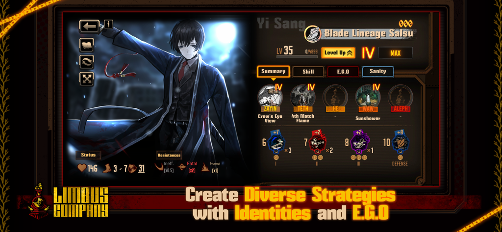 Profil du personnage Yi Sang dans Limbus Company affichant l'écran d'état de l'Identité et de l'EGO.