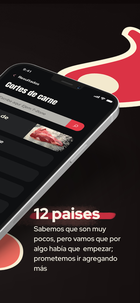 Como se Llama - Interface of the Como se Llama app showing a search bar for meat cuts and a mention of support for twelve countries
