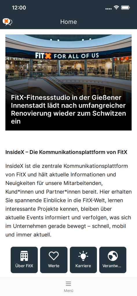 InsideX - The home screen of the InsideX app showing a news update about a FitX gym renovation and navigation tiles for values and careers.