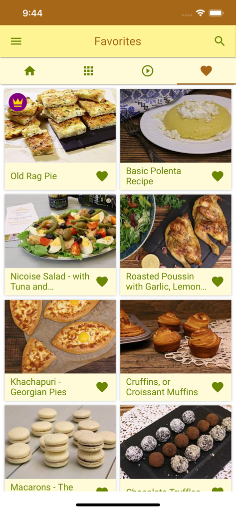 Mobile app interface of LaLena showing a grid of favorite recipes with food photos and heart icons
