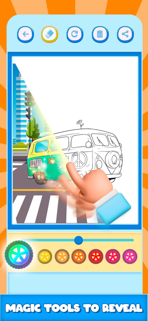 Cars Coloring Pages Game . - Eine Cartoon-Hand, die magische Werkzeuge verwendet, um Farben auf einem Oldtimer-Van in einer Kinder-Mal-App zu enthüllen