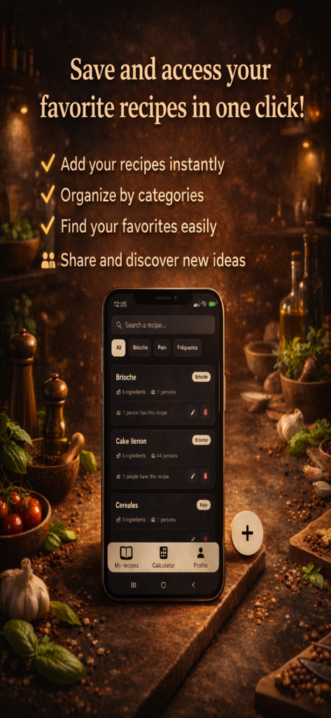 Smartphone affichant l'interface de l'application Ma Recette pour organiser et sauvegarder les recettes préférées