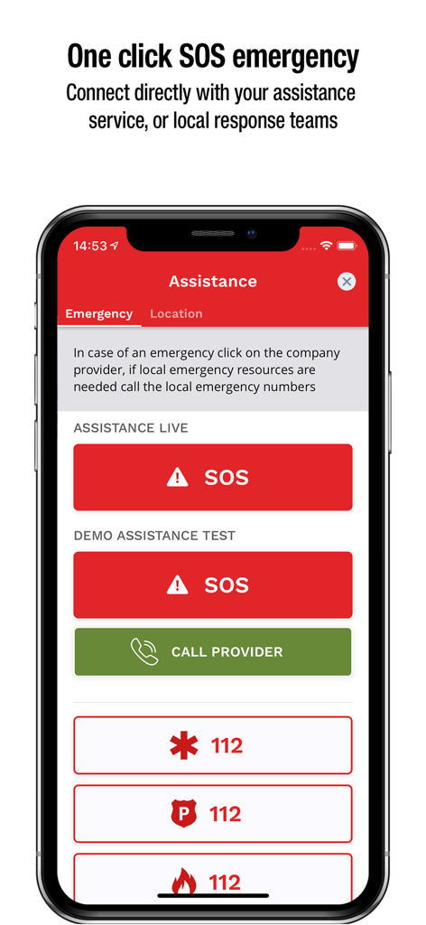 Safeture - Safeture app emergency assistance screen with SOS buttons and local response team links