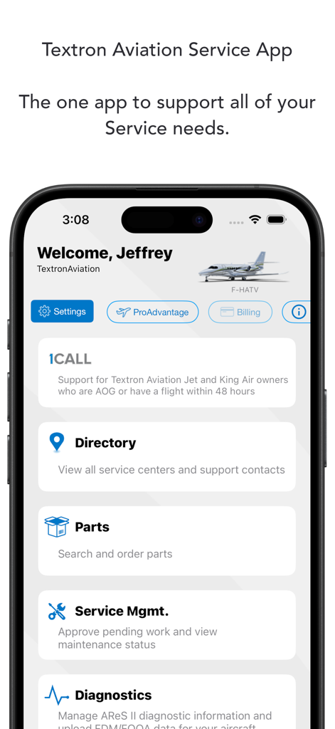 Pantalla de inicio de la aplicación Textron Aviation Service que muestra opciones de menú para el directorio de soporte 1Call, piezas y gestión de servicios