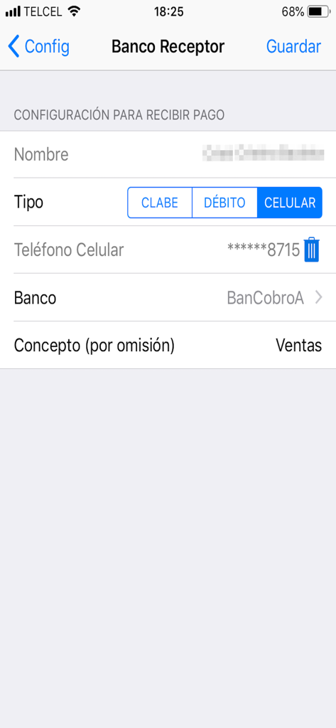 CoDi Banxico -solo para cobrar - Configuration screen in the CoDi Banxico app to set up a receiving bank for digital payments including mobile phone number and bank name