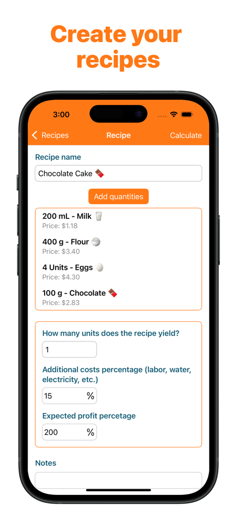 Recipe Cost Calculator App - Mobile app interface showing ingredients prices and profit margin calculation for a chocolate cake