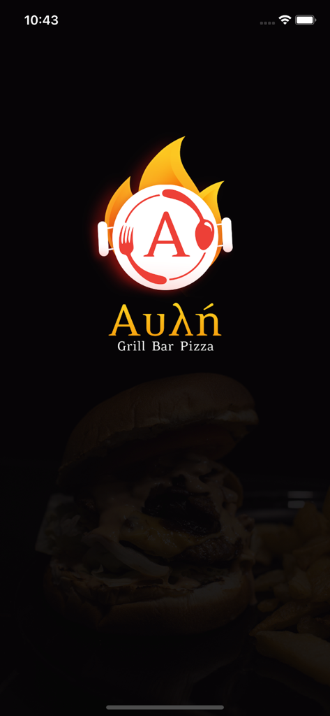 Avli Grill Bar Pizza モバイルアプリのスプラッシュスクリーン。レストランのロゴと炎のグラフィック、そしてグルメバーガーの背景画像が特徴です。