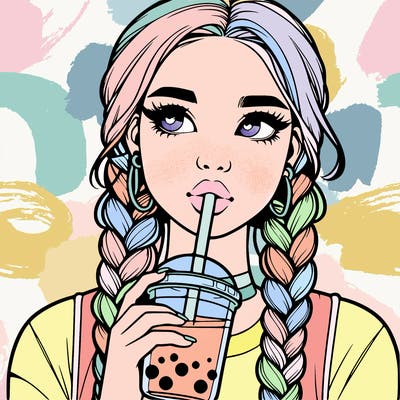 realistic girl with braided hair drinking boba