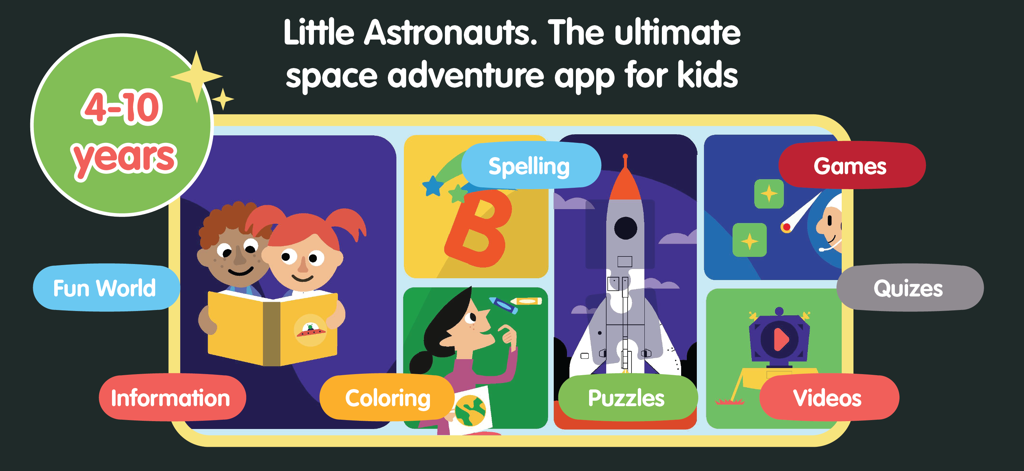 Little Astronauts - Space Kids - Overview of Little Astronauts app features for kids including spelling, puzzles, coloring, and educational videos.