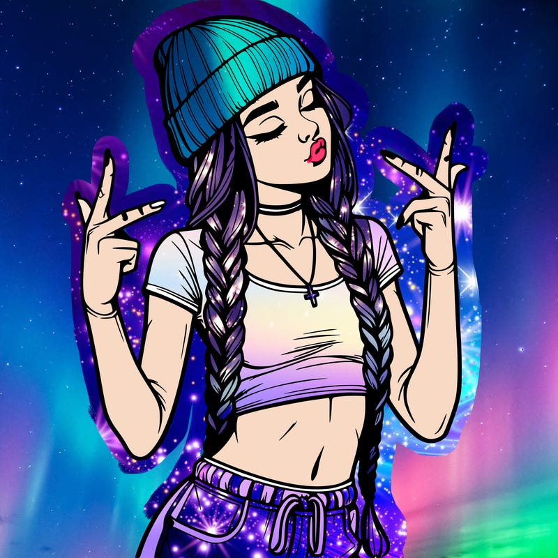 realistic teenage girl with braids and a beanie and crop top doing 🫶🏼