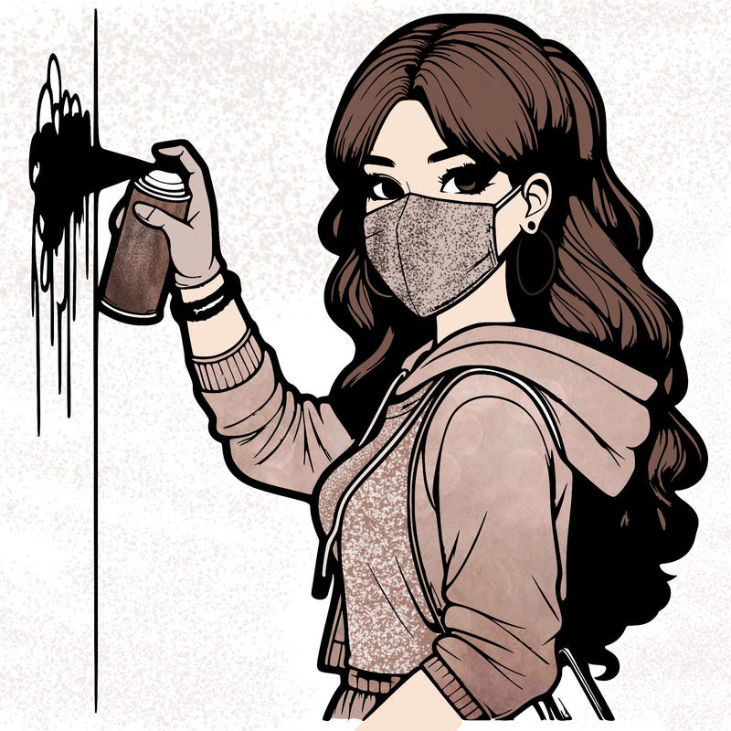 realistic girl with mask spray painting a wall