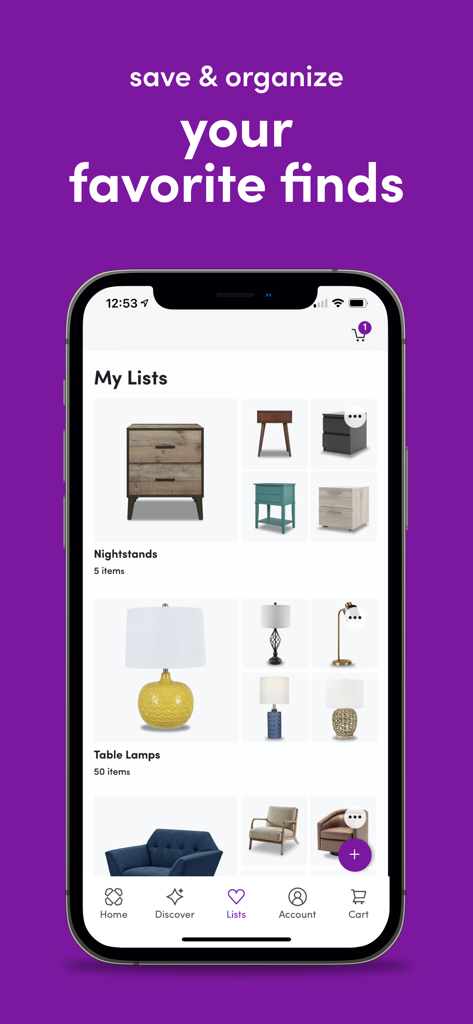 L'écran « Mes listes » de l'application Wayfair affiche les collections de meubles enregistrées pour les tables de chevet et les lampes de table.