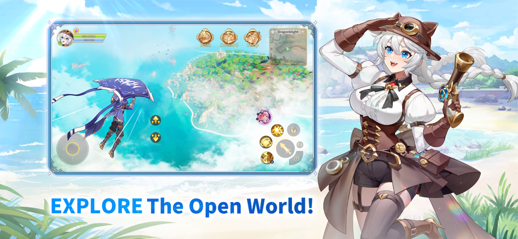 Arcadia: Breath of the Land - An anime explorer character next to a mobile game screenshot showing a player gliding over a tropical open world in Arcadia Breath of the Land