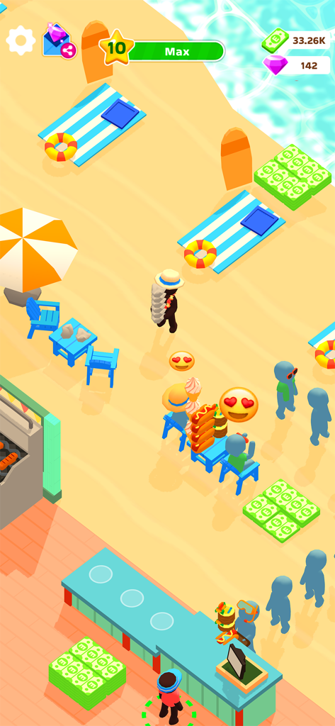 Gameplay de Burger Please! montrant un personnage servant de la nourriture aux clients dans un restaurant ensoleillé sur la plage.