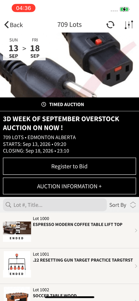 Mega Savers Auction - Mobile app screen showing overstock auction lots for furniture and sporting goods in Edmonton