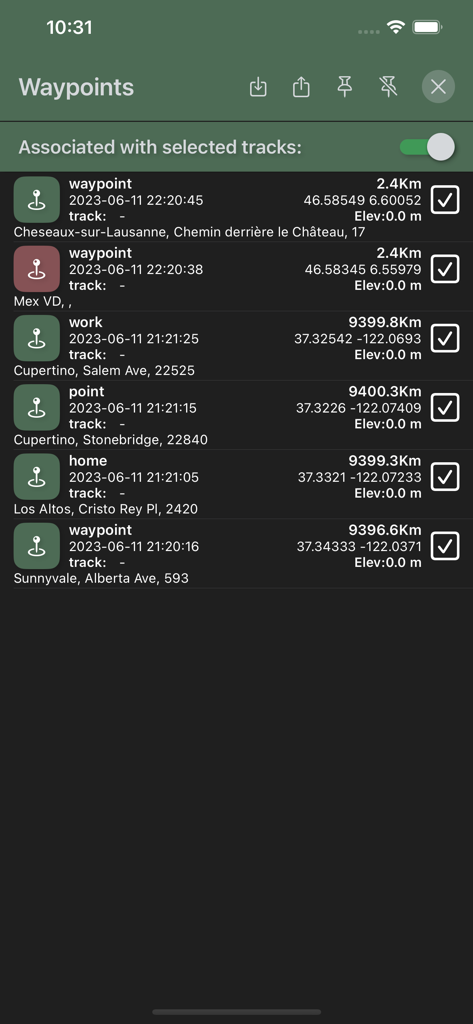 GPS Tracker: Offline Maps, GPX - List of saved waypoints in the GPS Tracker app showing geographical coordinates elevation and distance data