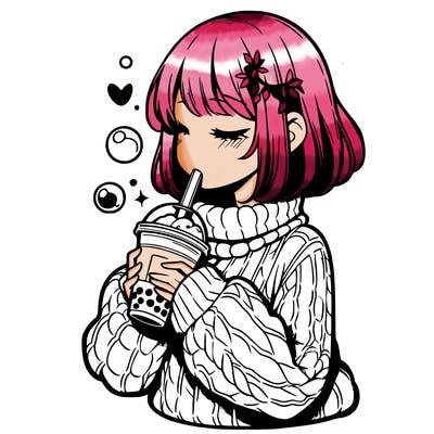 manga girl drinking boba in cozy sweater