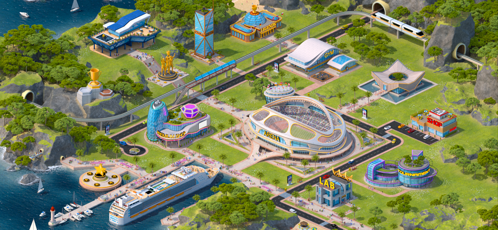 An isometric view of the Athletics Mania sports city featuring a central arena gym and training facilities